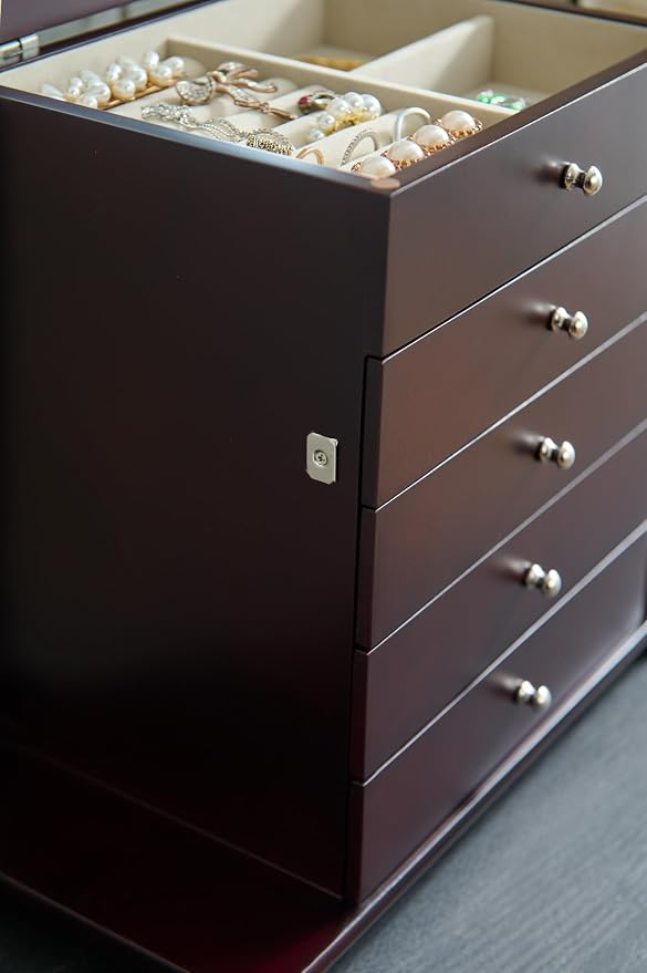 Brown 5 Layer Jewelry Box for Women,Top With Mirror Wooden Jewelry Organizer,With 8 Hook And Velvet Lining Large Jewelry Storage,For Watch Necklace Ring Earring Storage Gifts - Image 9