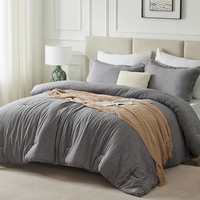 CozyLux King Size Comforter Set - 3 Pieces Grey Soft Luxury Cationic Dyeing Bedding Comforter for All Season, Gray Breathable Lightweight Fluffy Bed Sets with 1 Comforter and 2 Pillow Shams