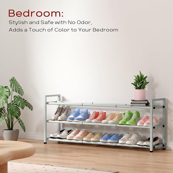Bumusty 3-Tier Long Expandable Shoe Rack for Closet, 18"-44" Adjustable Shoe Rack for Entryway, 15-18 Pairs Large Shoe Organizer Shelf Storage, Sturdy Metal, Green - Image 6