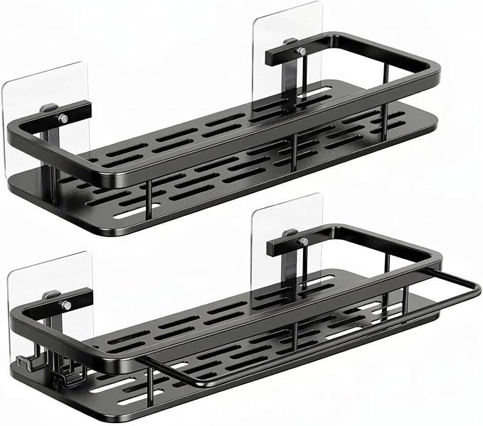 EVALAND Shower Caddy Adhesive 2-Pack with Hooks and Rod for Towels, Black – Premium Bathroom Shower Shelves, Shampoo Organizer, Bathtub Shelf, Rustproof, Easy Installation, Sturdy Modern Look - Image 8