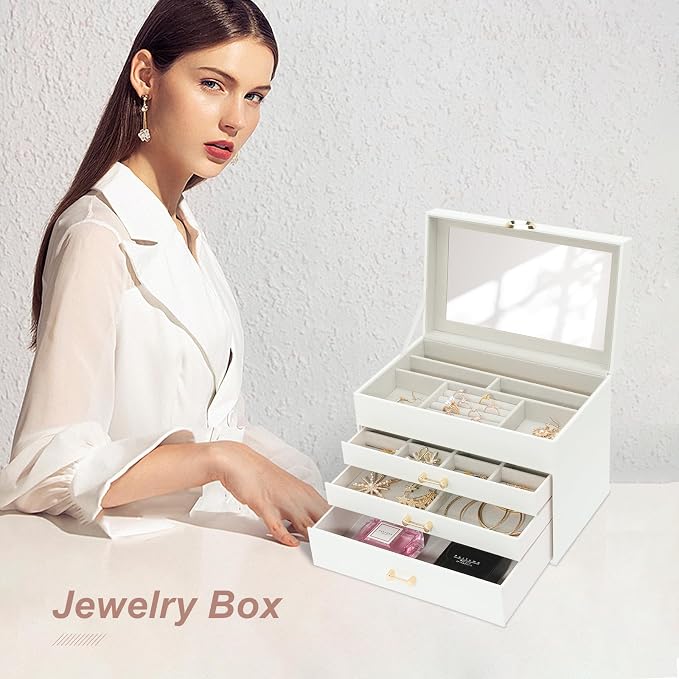 Jewelry Box with Mirror,Jewelry Holder Organize with 3 Drawer,4-Layer Jewelry Box for Women Girls,Large Jewelry Storage Box. (White - Image 7