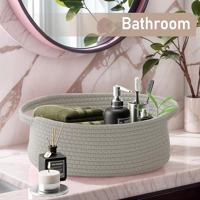 JMvicyroam Woven Basket,Small Rope Storage Bin with Handles & Ribbon Bag, Organizer for Shelves Closets,Gift Basket Empty for Birthday,Books,Dog Toys, Grey/2 Pack - Image 8