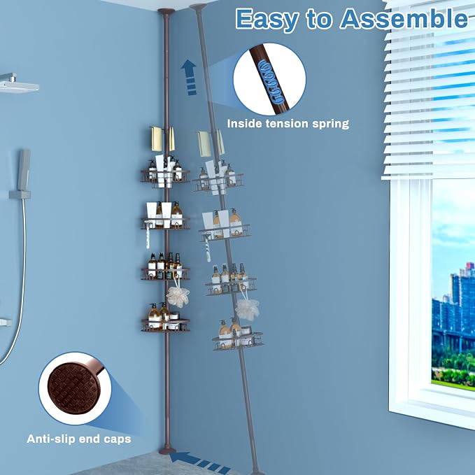 Rustproof Shower Corner Caddy Shelf for Bathroom Tension Pole Organizer with 4 Baskets for Bathtub Shampoo Storage from 23.6 to 114.5 Inch with Towel Bar (Bronze) - Image 7
