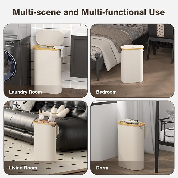 Slim Laundry Hamper with Lid, 60L Small Laundry Basket with Handles&Removable Bag, Thin Dirty Clothes Hampers for Laundry, Narrow Laundry Hampers for Bedroom Aesthetic, Beige - Image 7