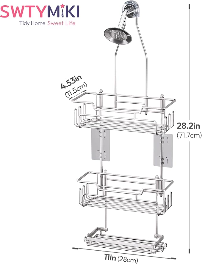 SWTYMIKI Bathroom Shower Caddy Hanging - 3 Tier Rustproof Over Shower Head Organizer, No Drilling Bathroom Shelf with 16 Hooks & Soap Holder, Anti-Swing Rack, Sand Nickel - Image 8