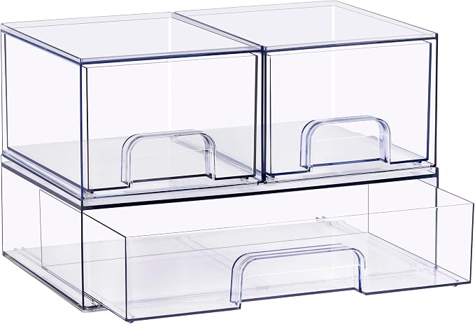 Sorbus Stackable Acrylic Storage Drawers – 2 Small + 1 Wide – 3 Pack Clear Plastic Organizer Bins for Baby Bottles, Makeup, Bathroom & Vanity, Pull-Out Drawer Design for Kitchen Cabinets - Image 8