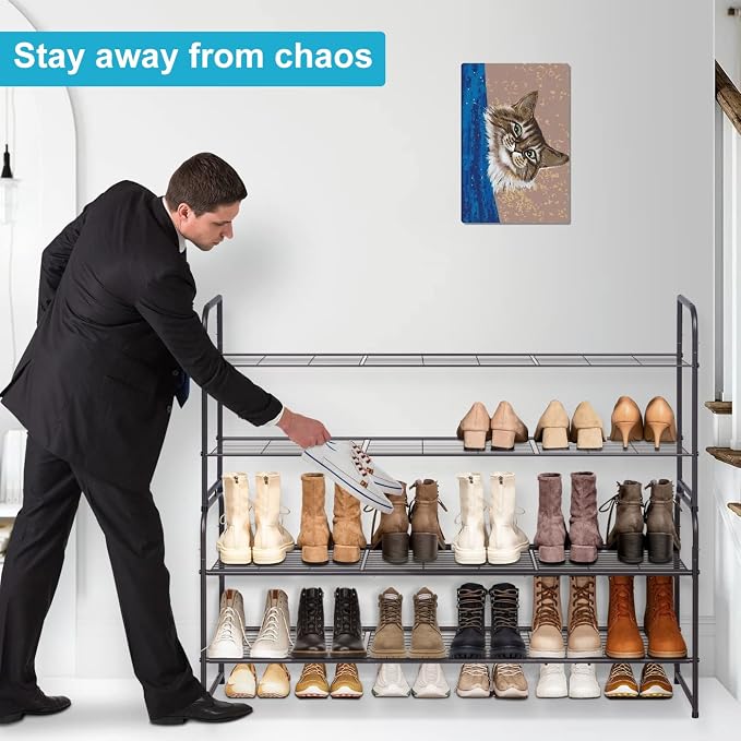 KEETDY 2-Tier Long Shoe Rack for Closet Entryway Shoe Organizer for 18 Pairs Sneakers, Metal Stackable Shoe Storage Shelf with Wire Grid for Bedroom, Floor, Bronze - Image 7