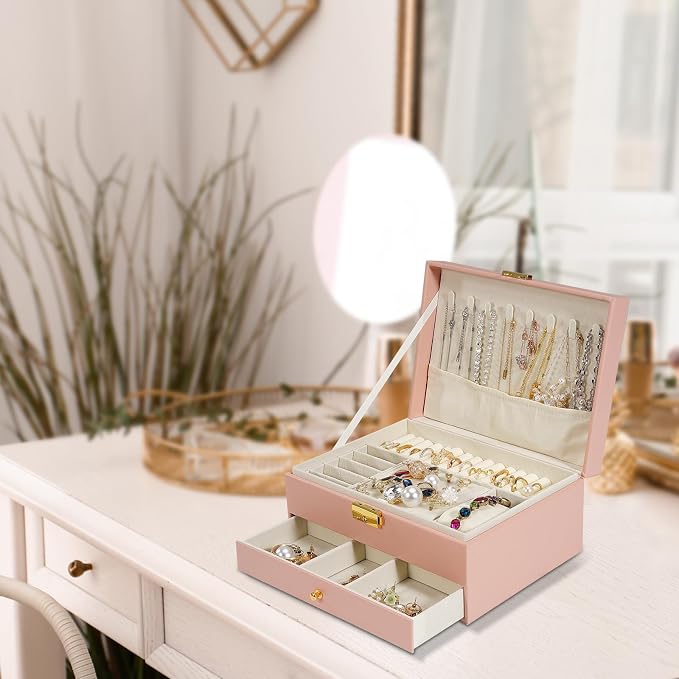 2-Layer Jewelry Box for women, jewelry organizers and storage with Removable Jewelry Tray, vintage quilted top Lockable Jewelry Holder Gift Idea Pink - Image 7