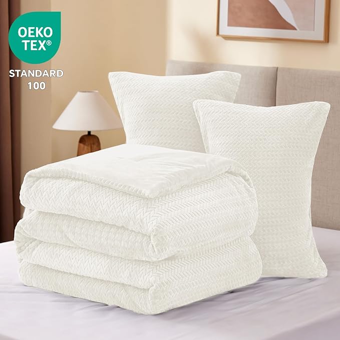 Flannel Fleece Queen Comforter Set - Furry White Leaves Pattern Faux Fur Bed Set, Winter Ultra Soft Fuzzy Comfort Set, Velvet Bedding Set for Bed with 2 Pillow Cases