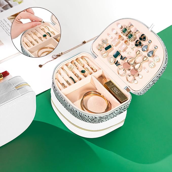 ProCase Travel Size Jewelry Box, Medium Portable Seashell-Shaped Jewelry Case, 2 Layer Jewelry Organizer in PU Leather for Women -Stripe - Image 7