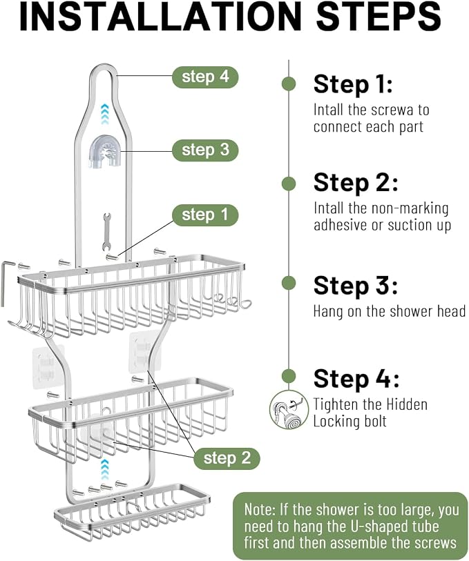 Shower Caddy Hanging - Never Rust Shower Hanging Organizer - Aluminum Over the ShowerHead Caddy with 6 Hooks for Razor/Sponge (Silver) - Image 8