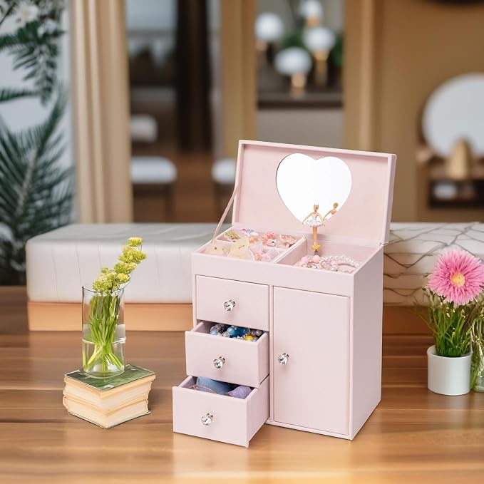 Vlando Musical Jewelry Box with Spinning Ballerina, Girls’ Jewelry Organizer for Necklaces Rings and Hair Accessories, Gift for Girls and Kids, Barely Pink - Image 7