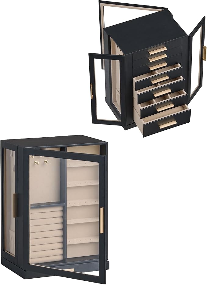 Glimmloop 360° Rotating Jewelry Box with 7 Drawers, Spacious Vertical Jewelry Organizer with Glass Window, Jewelry Storage Case, Dustproof & Moisture-resistant Design, Black - Image 7