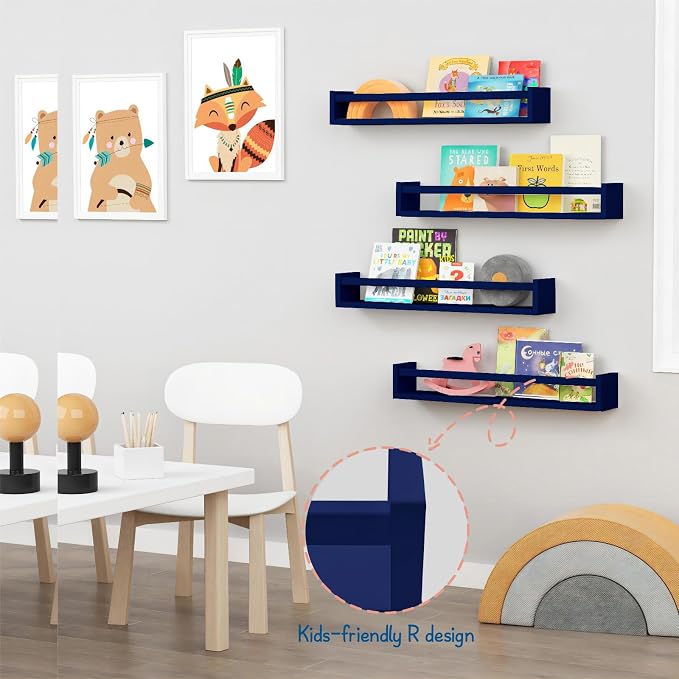 Forbena Wall Book Shelf Organizer for Kids Room Set of 4, Large Floating Book Shelves for Boy Nursery Wall Deocr, 24 Inches Wall Mount Bookshelf for Toddler Child Teen Boys Bedroom (Navy Blue) - Image 6