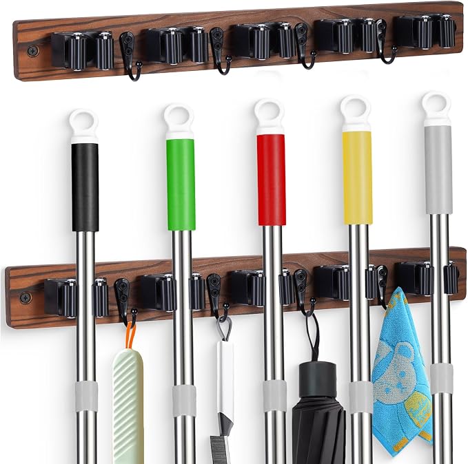 FunCee 2 PACK Broom Holder Wall Mount With 5 Slots & 4 Hooks,Rustic Wood Broom & Mop Hanger,Wall Mounted Garden & Garage Tool Storage Organizer Rack for Closet Laundry Room or Kitchen Wall Decor by FunCee
