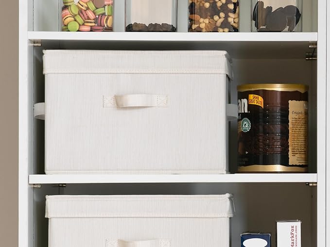 StorageWorks Fabric Storage Bins with Lid, Decorative Storage Boxes for Shelves, Stackable Closet Organizer Basket with Handles, Large, Mixing of Beige, White & Ivory, 2-Pack - Image 7