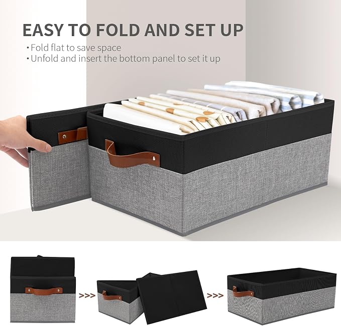 3 Pack Large Capacity Storage Bins Closet Organizer for Shelves, Fabric Closet Storage Baskets Boxes with Leather Handles for Organizing Clothes, Sheets, Jeans, Toys, Books (Black and Grey) - Image 7