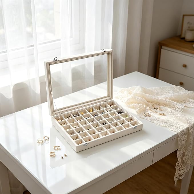 Stratalife Jewelry Organizer 48 Grid Jewelry Trays with Dust-proof Lid Velvet Earring Organizer Ring Holder Accessories Box Necklaces Earrings Storage for Women Drawers Cream - Image 6