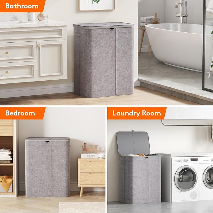 Lifewit 185L Large 3 Section Laundry Hamper with Lid, Plastic Laundry Basket with Bamboo Handles and Removable Bags, Tall Foldable Clothes Hamper for Bathroom Bedroom, Light Gray - Image 9