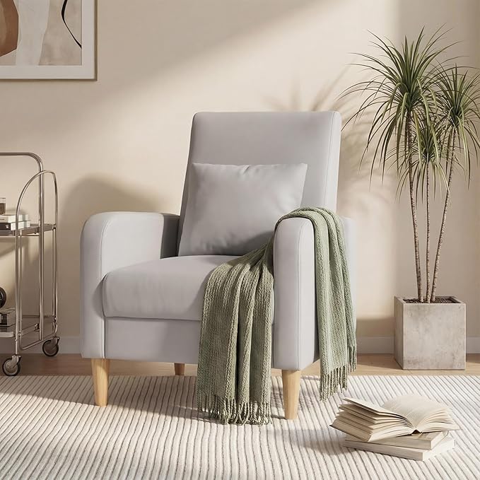 COLAMY Faux Leather Accent Living Room Chairs Set of 2, Upholstered Arm Chair Reading Side Chair, Single Sofa with Back Pillow and Wood Legs, Light Grey