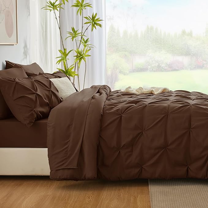 CozyLux King Size Comforter Set Brown, 7 Pieces Pintuck Bed in A Bag Brown Comforter King Size, Pinch Pleat Bedding Set with All Season Comforter, Sheets, Pillowcases & Shams