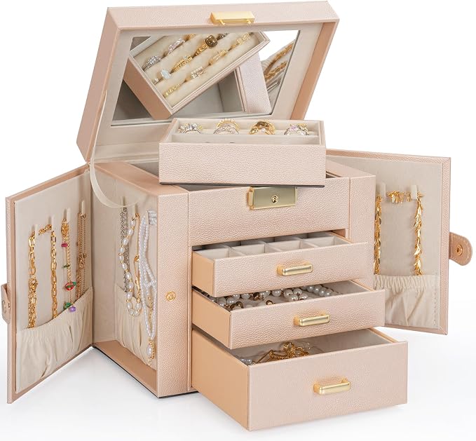 AKOZLIN 4-Tier Jewelry Box Leather Jewelry Storage Organizer with 3 Drawers Lockable for Women Girls Ring Necklace Earring Bracelet Holder with Mirror Champagne - Image 8