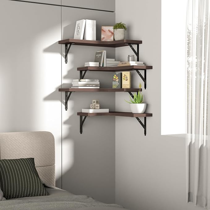 ROMGUAR CRAFT Corner Floating Shelves Wall Mounted Set of 4, Rustic Wood Storage Display Shelves for Home Decor, Bathroom, Kitchen, Bedroom, Living Room, Office (Brown) - Image 7