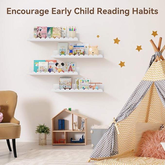 Nursery Book Shelves, 17 Inch Metal Floating Shelves for Wall 4 Pack, Scalloped Shelves, Wall Mounted Book Shelf for Kids Bedroom, Baby Room, Nursery Decor (White) - Image 7