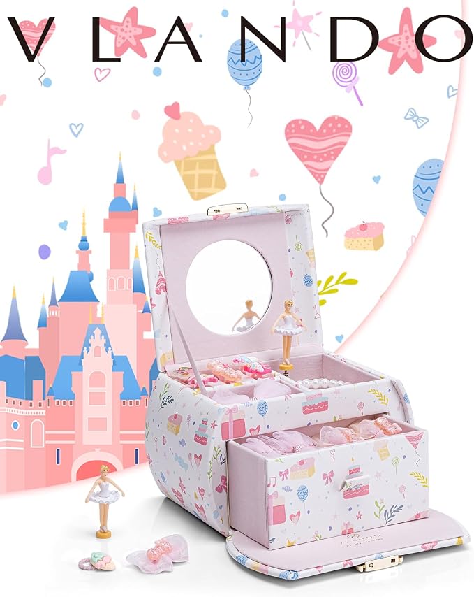 VLANDO Musical Jewelry Box for Girls Kids with Drawer, Music Box with Ballerina and Stickers for Birthday Bedroom Decor, Fantasy Princess - Image 7