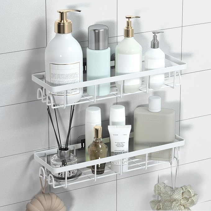 Shower Caddy Organizer with Hooks,Self Adhesive Bathroom Shelves,No Drilling Bathroom Organizers and Storage,Perfect for RV, Apartment, Home Decor,2 Pack White - Image 7
