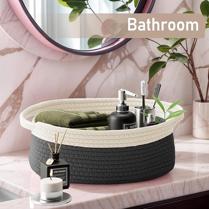 JMvicyroam Woven Basket, Small Rope Storage Bin with Handles & Ribbon Bag, Organizer for Shelves Closets,Gift Basket Empty for Birthday,Books,Dog Toys,White&Black/2 Pack - Image 8