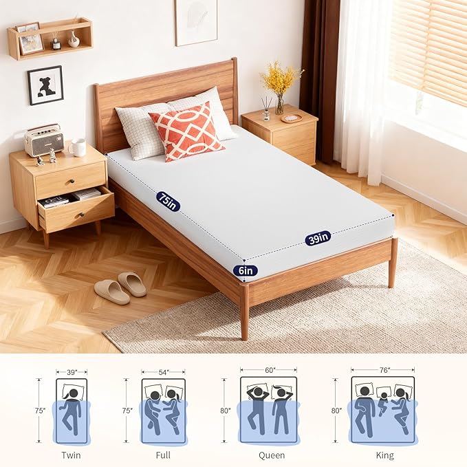 FDW | 6 Inch Twin Mattress | Medium Firm | Gel Memory Foam Mattress | White | Bed in a Box, CertiPUR-US Certified | Pressure Relief, Cooling Ventilated Foam | Washable Removable Cover