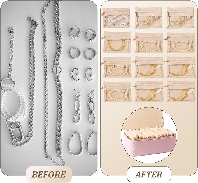Travel Jewelry Organizer, Travel Jewelry Box with 12 Velvet Zipped Pouches Bags for Jewelries Necklaces Rings Earrings Sorting Storage for Women Girl Gifts, Blush - Image 5