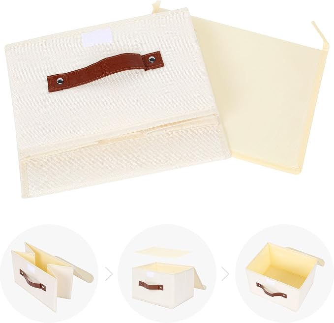 ANMINY 2PCS Storage Bins with Lid PU Leather Handles Storage Boxes PP Plastic Board Decorative Foldable Lidded Cotton Linen Fabric Home Cubes Baskets Closet Organizer Containers - Beige, Small Size - Image 8