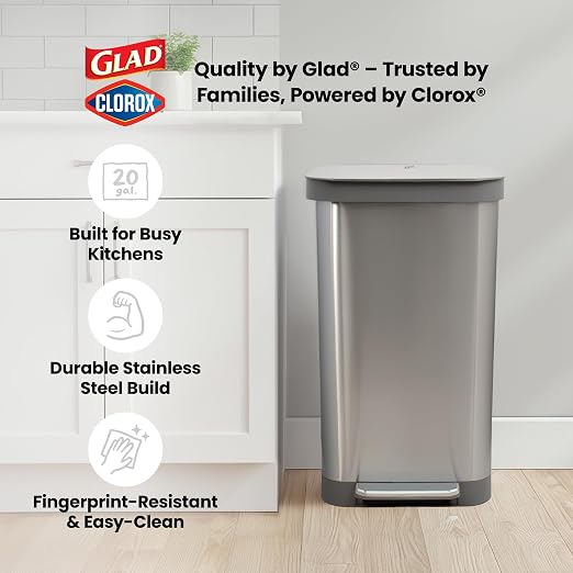Glad Stainless Steel Step Trash Can, Series 2 with Clorox Protection - Large Metal Kitchen Garbage Bin with Soft Close Lid, Foot Pedal and Waste Bag Roll Holder, 20 Gallon - Image 9