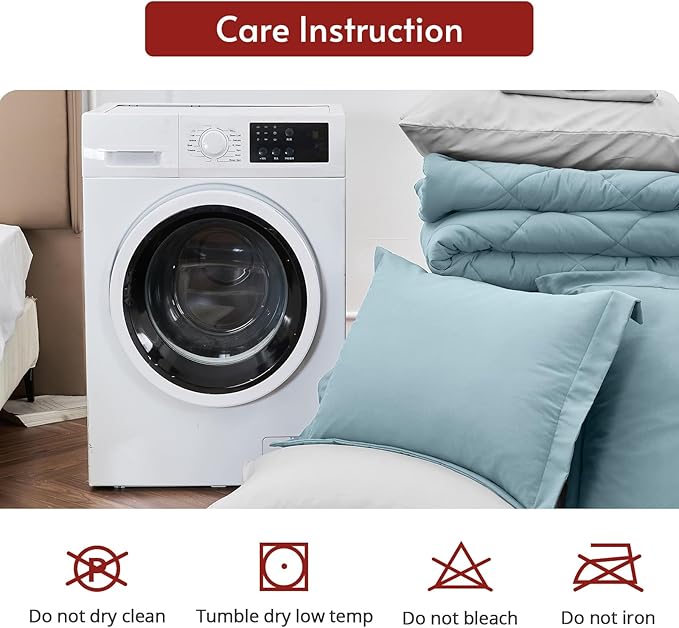 MUXHOMO 7 Pieces Full Comforter Set, Reversible Bed in a Bag Full Size, All Season Bedding Set with Comforter, Flat Sheet, Fitted Sheet, Pillowcases & Shams, Greyish Blue & Light Grey