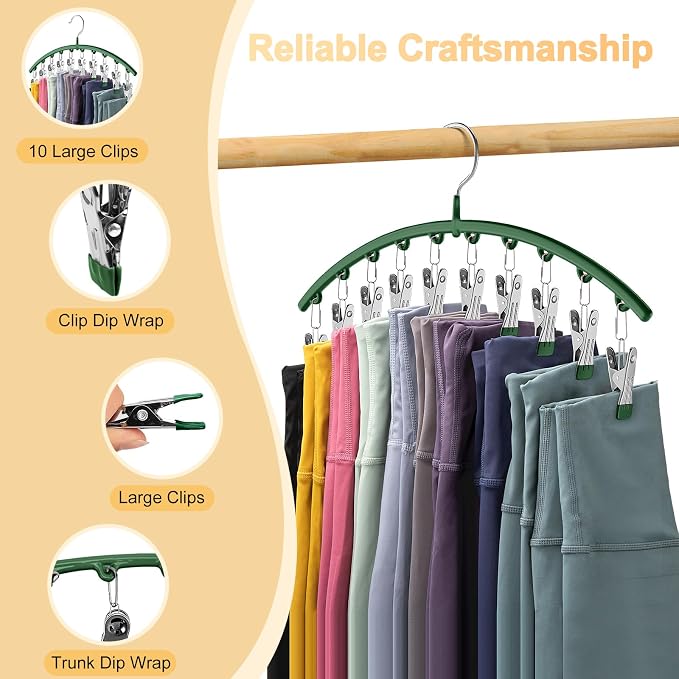 Legging Organizer for Closet, Metal Yoga Pants Hangers 2 Pack w/10 Clips Holds 20 Leggings, Space Saving Hanging Closet Organizer w/Rubber Coated Closet Organizers and Storage, Green - Image 8