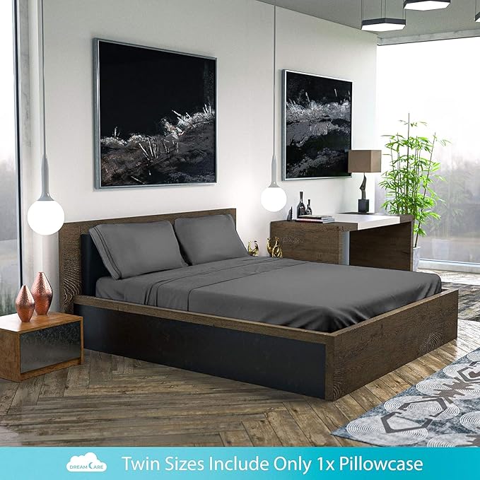 DREAMCARE Twin XL Sheet Sets - 4 pcs Breathable Cooling Bed Sheets - up to 15" Deep Pocket Twin XL Sheets Set with Side Pockets - Extra Soft 100% Brushed Hypoallergenic Hotel Luxury Bedding -Dark Gray