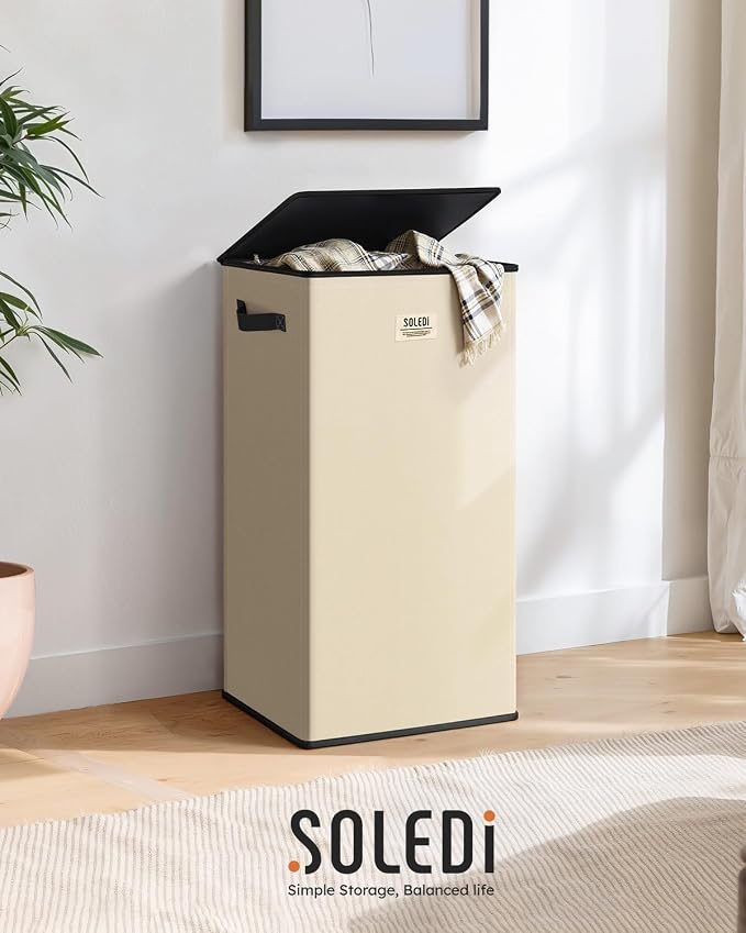 SOLEDI Laundry Hamper with Lid 100L Large & Tall Collapsible Laundry Basket, Clothes Hamper with Bag Removable Easy to Carry, Dirty Hampers for Bedroom, Bathroom, Dorm, College, Beige - Image 8
