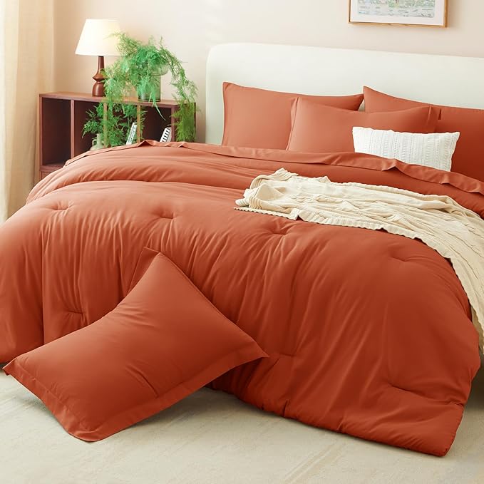 CozyLux King Size Comforter Set Burnt Orange, 7 Pieces Fall Bed in a Bag King Comforter Set with Sheets, Terracotta Luxury Soft Bedding Set with Down Alternative Comforter, Sheets, Pillowcases & Shams