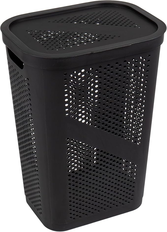 Mind Reader Slim Laundry Hamper with Lid, 60L Clothes Basket, Ventilated Plastic, Black - Image 6