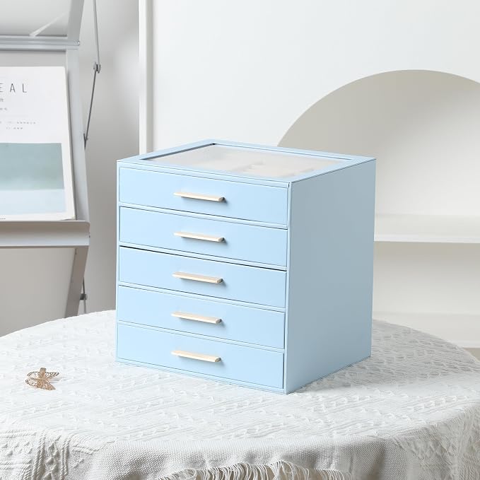 Frebeauty Clear Lid Jewelry Box,5-Layer Jewelry Organizer with Drawer,PU Leather Jewelry Organizers and Storage,Jewelry Boxes for Women,Jewelry Storage for Rings Earring Stud,Gift for Women(Sky Blue) - Image 6