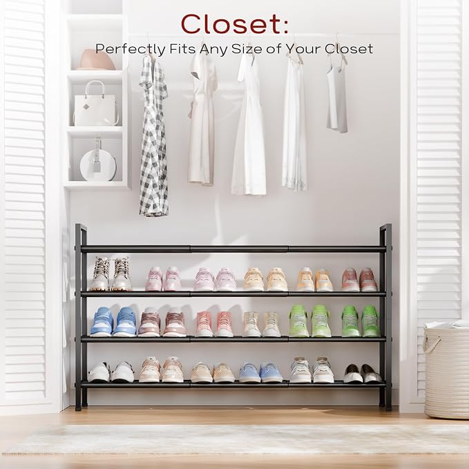 Bumusty 4-Tier Long Expandable Shoe Rack for Closet, 18"-44" Adjustable Shoe Rack for Entryway, 20-24 Pairs Large Shoe Organizer Shelf Storage, Sturdy Metal, Black - Image 6