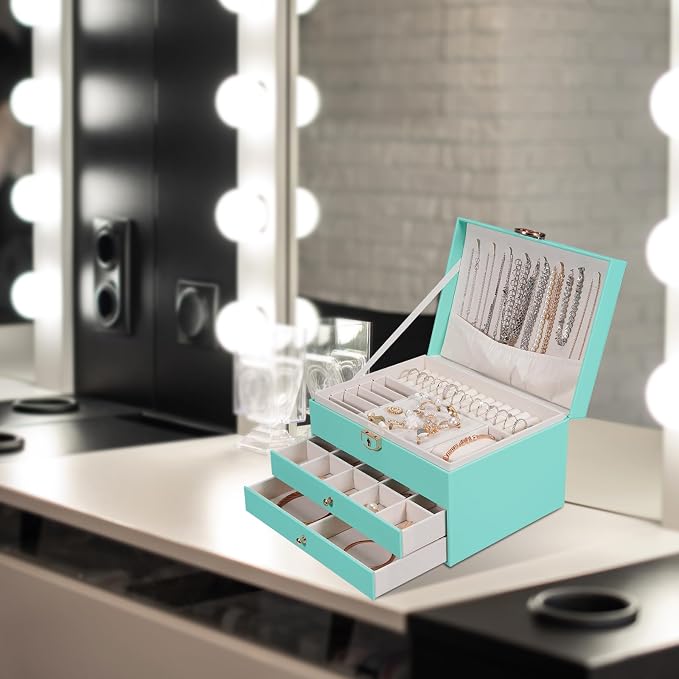 GUOER Jewelry Box for Women Girl Wife 3 Layers Large PU Leather Jewelry Organizer Storage Case with Two drawers Display for Earrings Bracelets Rings Watches (Teal) - Image 7