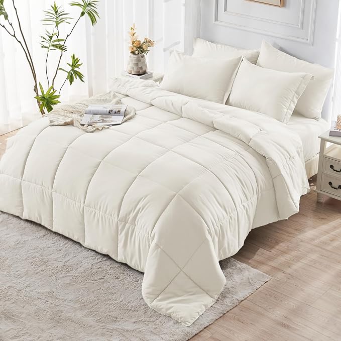 JOLLYVOGUE Twin XL Comforter Set, Ultra-Soft Bed in a Bag Twin XL Size 5 Pieces, Oeko-TEX Certified Bedding Set with Down Alternative Comforter, Sheets, Pillowcases & Shams, Ivory