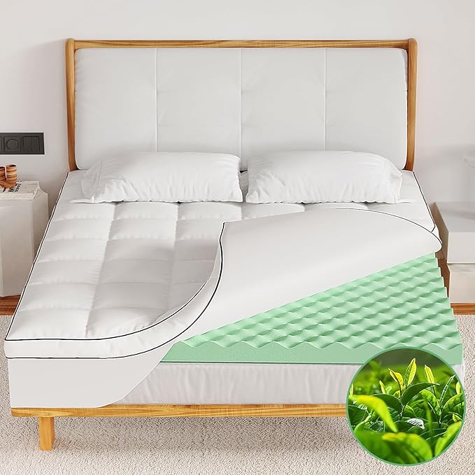 Memory Foam Mattress Topper Twin, 4inch Dual Layer Cooling 2''Gel Green Tea Memory Foam & 2" PillowTop Mattress Pad, 8-21inch Deep Pocket, Egg Crate for Back Pain Relief