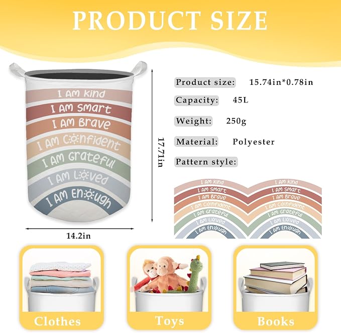 Boho Rainbow Laundry Basket, Positive Affirmations Inspirational Waterproof Collapsible Laundry Hamper Dirty Clothes Storage Toy Bin Organizer for Kids Room College Dorm Bedroom Bathroom - Image 7