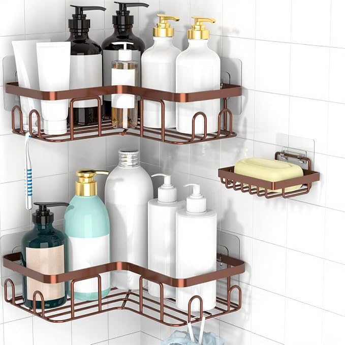 Moforoco Corner Shower Caddy Shelf Organizer Rack, Self Adhesive Black Bathroom Shelves Basket, Home Wall Shower Inside Organization and Storage Decor Rv Accessories, First Apartment Essentials(Brown) - Image 7