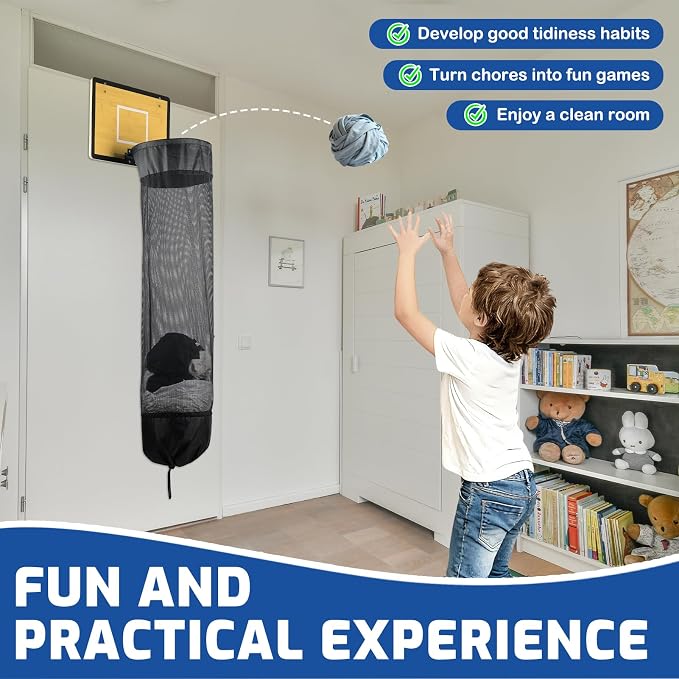 Wooden Basketball Laundry Hamper, Over the Door Hanging Basketball Hoop Laundry Basket with Drawstring, Space Saving Dirty Clothes Solution for Kids Room, Dorm Rooms, Bathroom - Image 7