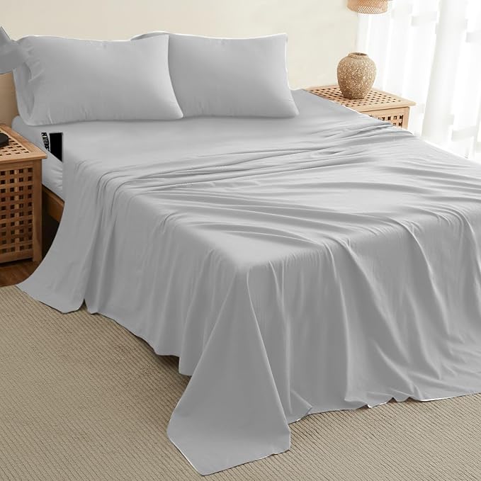 DREAMCARE King Size Sheets Set - Cooling Bed Sheets - 4pcs Set - up to 15" Deep Pocket King Sheet Set - Soft & Long Lasting 100% Fine Brushed Polyester with Side Pocket - L Gray